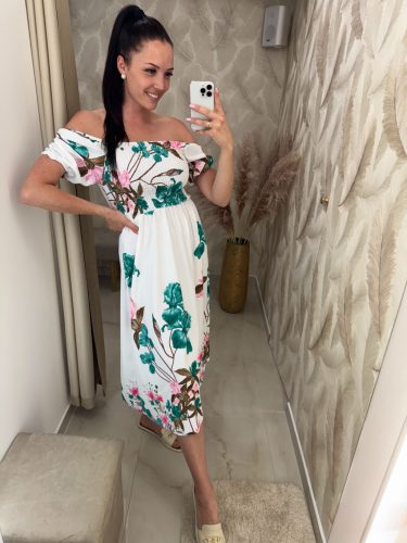 Ximena mellnél gumírozott vállra húzható ruha